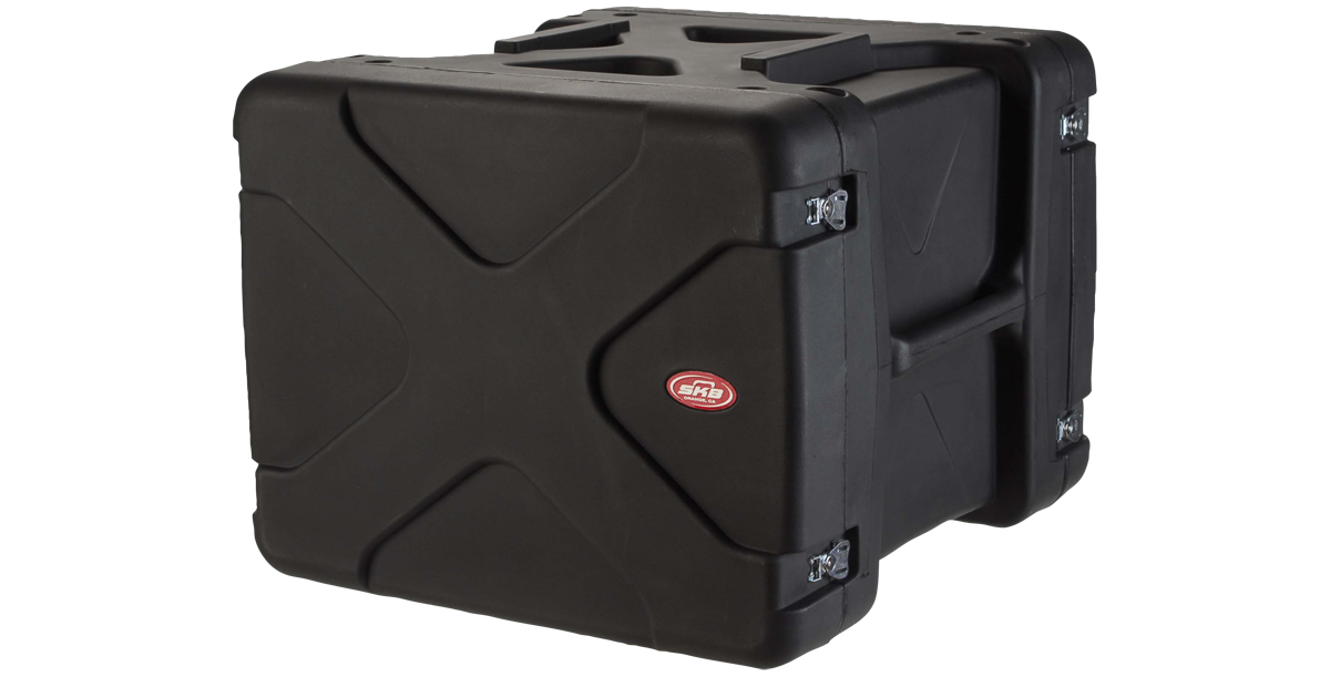 Closed 20-inch rSeries Shock Rack with durable black exterior and secure latches, ideal for transporting rackmount equipment safely.