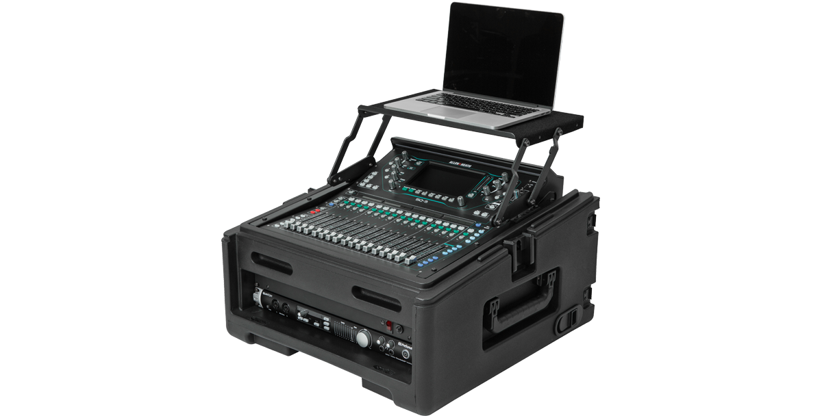 Rolling Compact Rig Case with elevated laptop platform and 10U top space, ideal for DJ and pro audio setups.