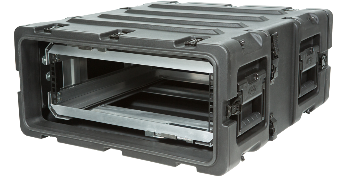 Angled front view of 20 Inch Shock Rack - 3U RR Series showing internal frame and rugged exterior for pro audio and IT gear.