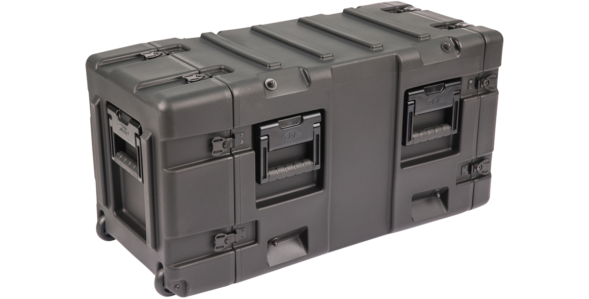 Closed 20-inch Shock Rack Case by SKB with reinforced corners and side handles, built for heavy-duty portable equipment storage.