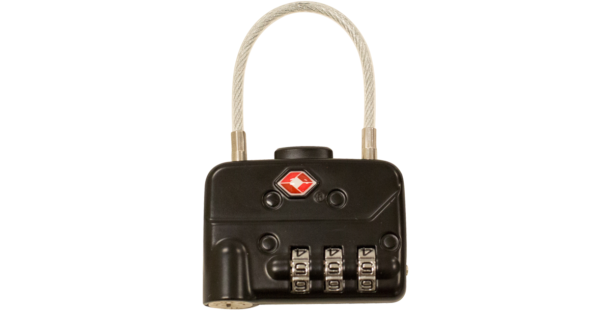 Close-up of a single TSA Combination Cable Padlock with a flexible shackle and customizable 3-digit code, ideal for travel security.