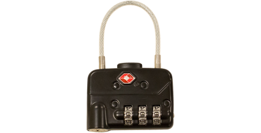 Close-up of a single TSA Combination Cable Padlock with a flexible shackle and customizable 3-digit code, ideal for travel security.