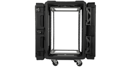 Front view of 24-Inch Shock Rack - rSeries 16U with deep frame and MIL-SPEC sealing, ideal for heavy-duty server and IT equipment transport.