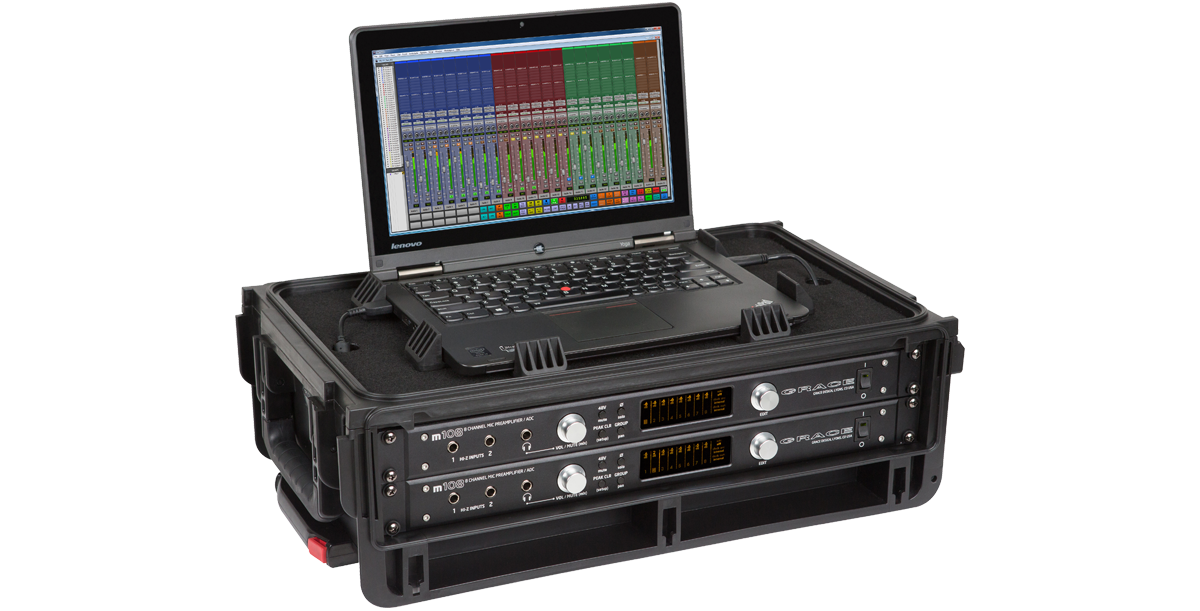 2U Studio Flyer Rack Case with laptop and rack-mounted audio gear setup, showcasing its functionality for mobile studios.