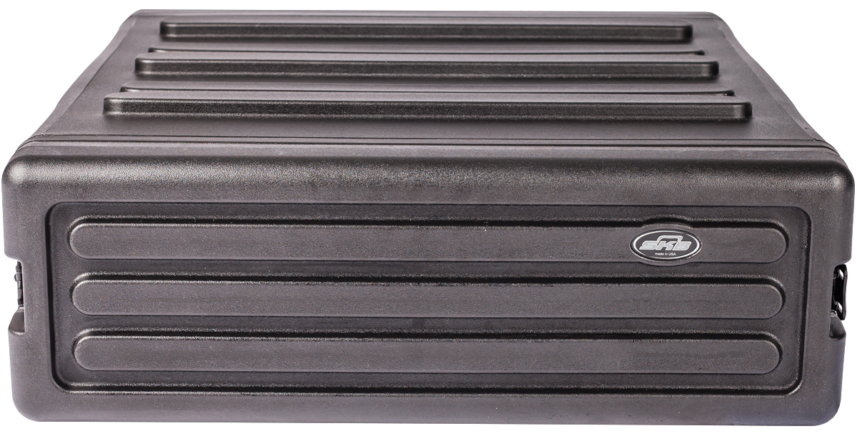 Closed front view of 3U rSeries Rack - 3U rack case with SKB logo, showcasing weather-resistant and stackable construction.