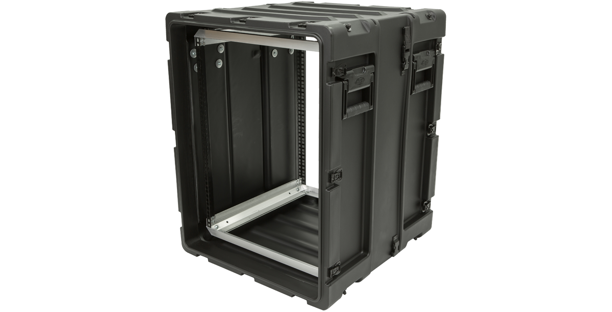 Angled open view of 14U Shockproof Rack - Durable 20" RS Series Case showing internal mounting rails and rugged exterior design.