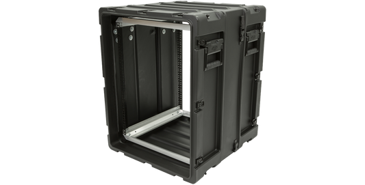 Angled open view of 14U Shockproof Rack - Durable 20" RS Series Case showing internal mounting rails and rugged exterior design.