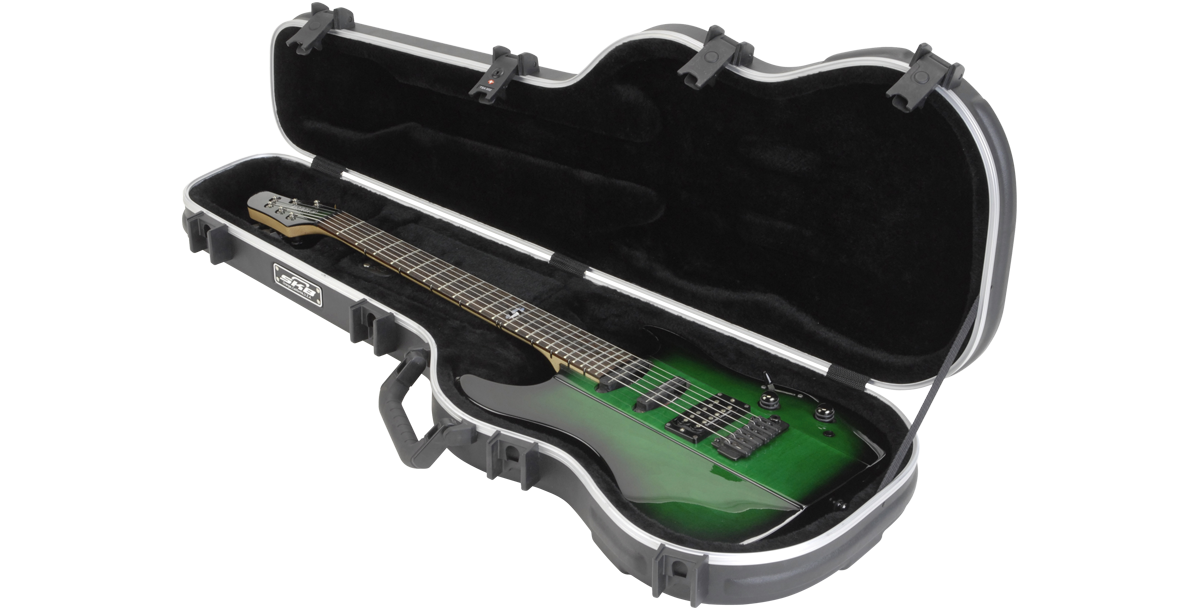 Electric Guitar Case with TSA Locks open showing plush-lined interior and molded fit for secure guitar protection during travel.