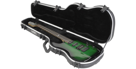 Electric Guitar Case with TSA Locks open showing plush-lined interior and molded fit for secure guitar protection during travel.