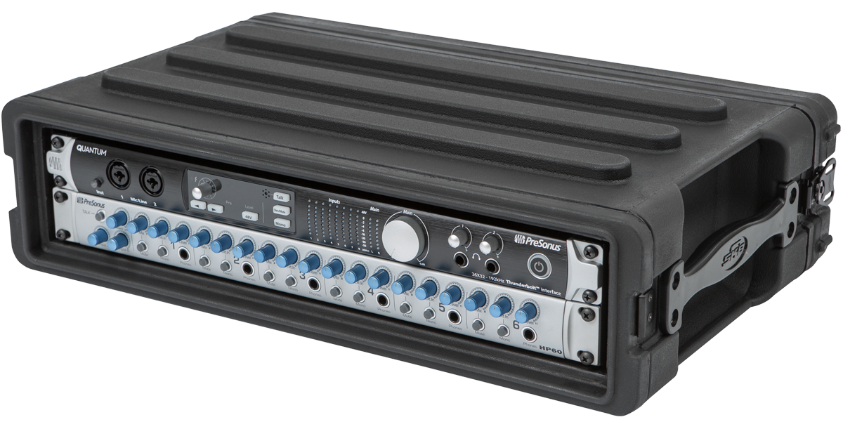 Angled view of 2U rSeries SKB Shallow Rack - Strong & Durable with audio gear installed, showcasing rugged molded design and steel rails.