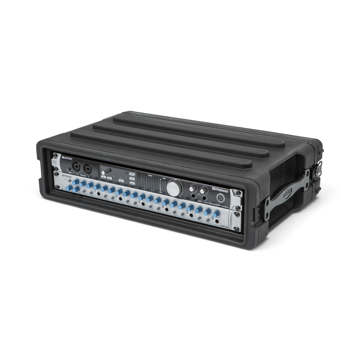 Angled view of 2U rSeries SKB Shallow Rack - Strong & Durable with audio gear installed, showcasing rugged molded design and steel rails.