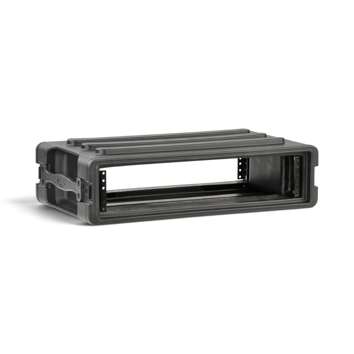 Empty 2U rSeries SKB Shallow Rack - Strong & Durable with open front, highlighting reinforced molded bars and stackable construction.