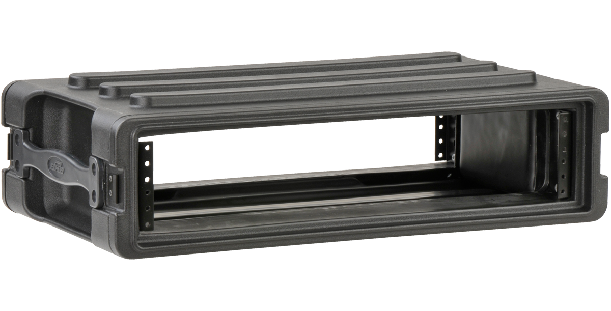 Empty 2U rSeries SKB Shallow Rack - Strong & Durable with open front, highlighting reinforced molded bars and stackable construction.