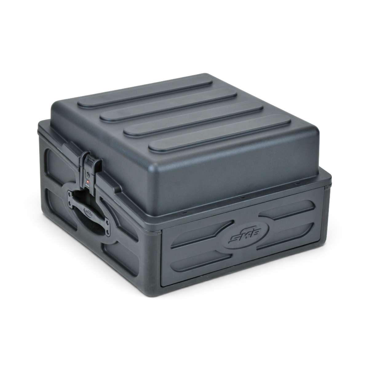 Side view of compact rack case with ergonomic handle and TSA lock, offering durable protection for DJ and AV accessories.