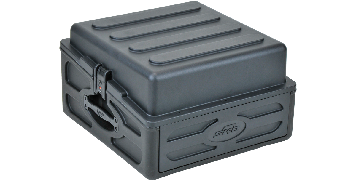 Side view of compact rack case with ergonomic handle and TSA lock, offering durable protection for DJ and AV accessories.