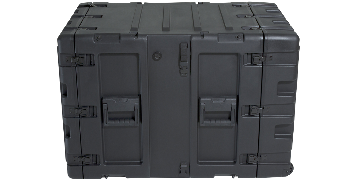 Side view of 11U Shock Rack - 24-Inch Shockproof Case featuring molded handles and reinforced shell for heavy-duty use.