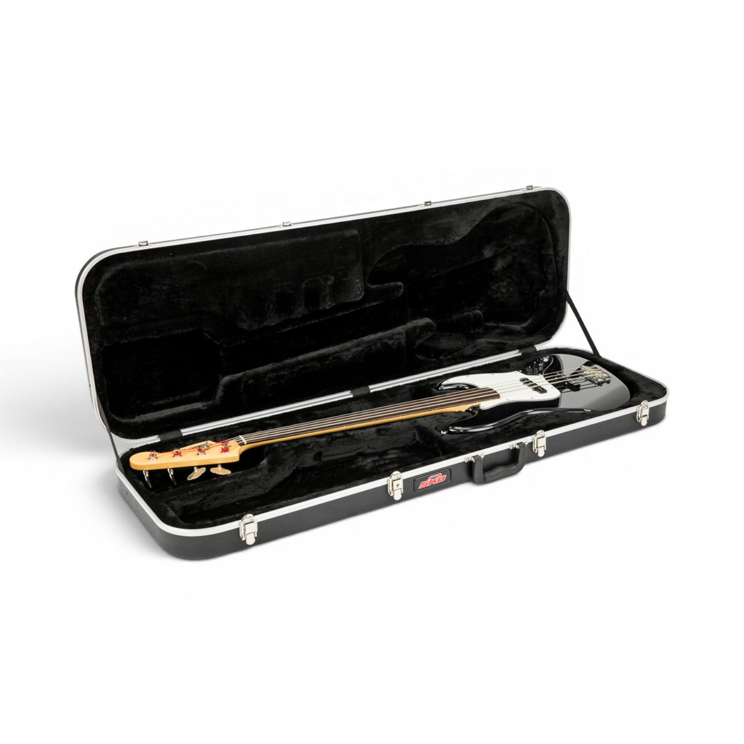 Electric Bass Guitar Case - Economy with plush interior shown open at angle, securely housing a right-handed bass guitar.