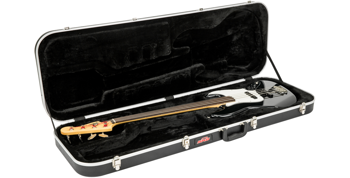 Electric Bass Guitar Case - Economy with plush interior shown open at angle, securely housing a right-handed bass guitar.
