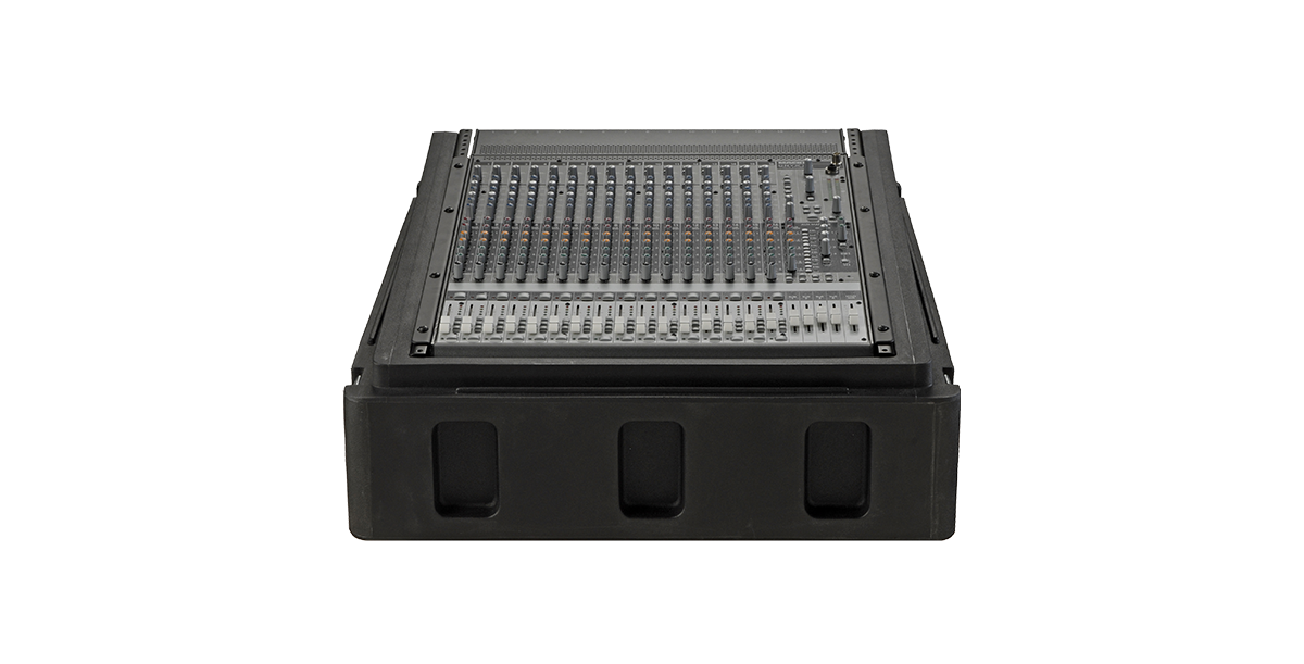 Top-down view of Roto-Molded Gig Safe 14U Rack Case with installed mixer, showcasing its angled design for ergonomic access to controls.