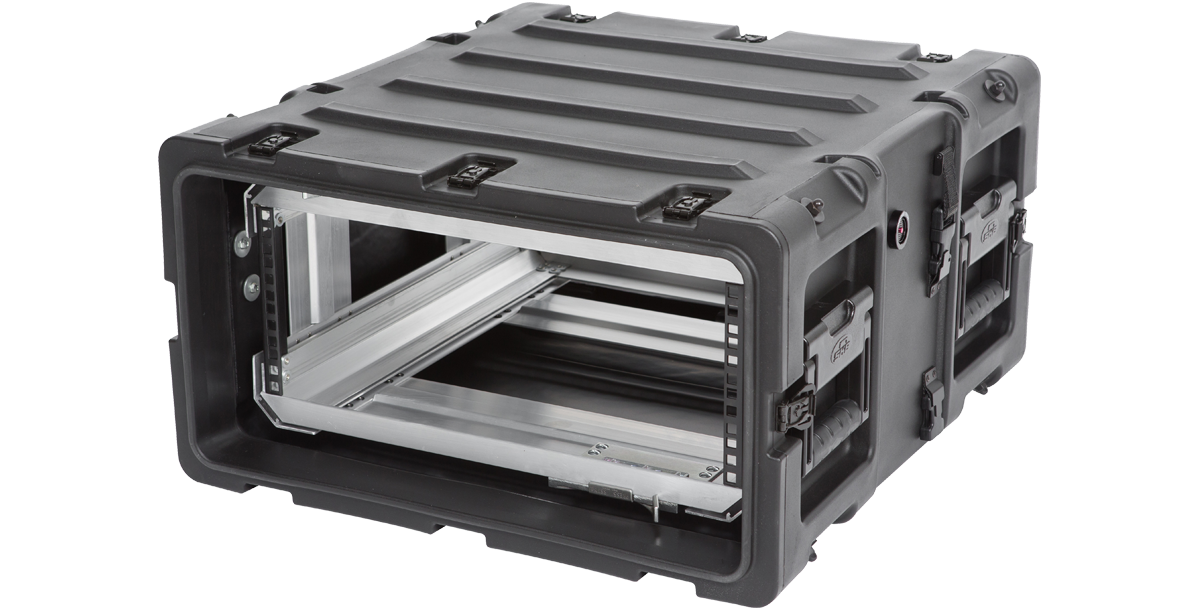 Side perspective of 4U Shock Rack Case - 20-Inch with ergonomic handles and shock-absorbing frame for electronics protection on the go.