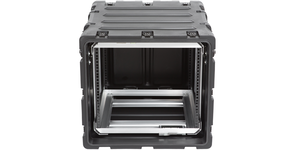 Front-facing 20-inch shock rack case with visible rack rails and shock-absorbing frame for protecting delicate electronics.