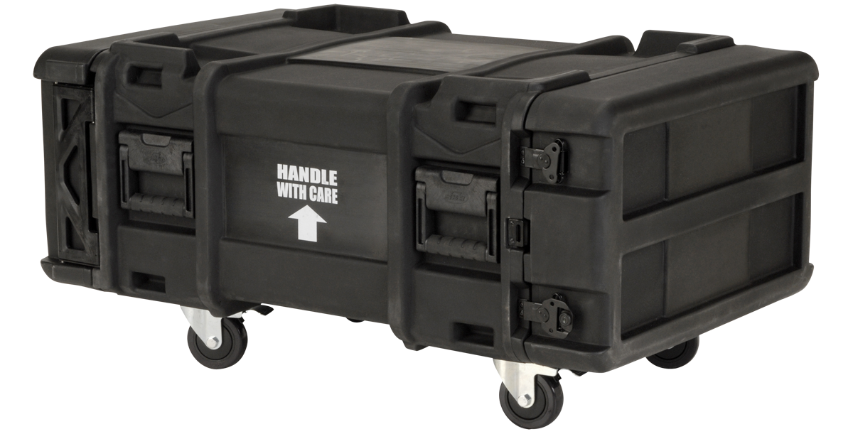 Rear angled view of 4U 30-inch Shock Rack with secure locking latches and rugged construction for server transport.