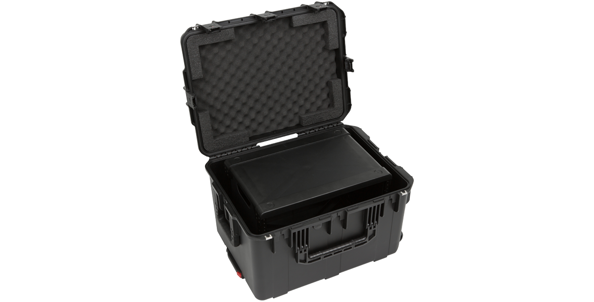 Top-down view of iSeries Injection Molded Fly Rack case with rack frame inside, featuring waterproof design and ergonomic handle.