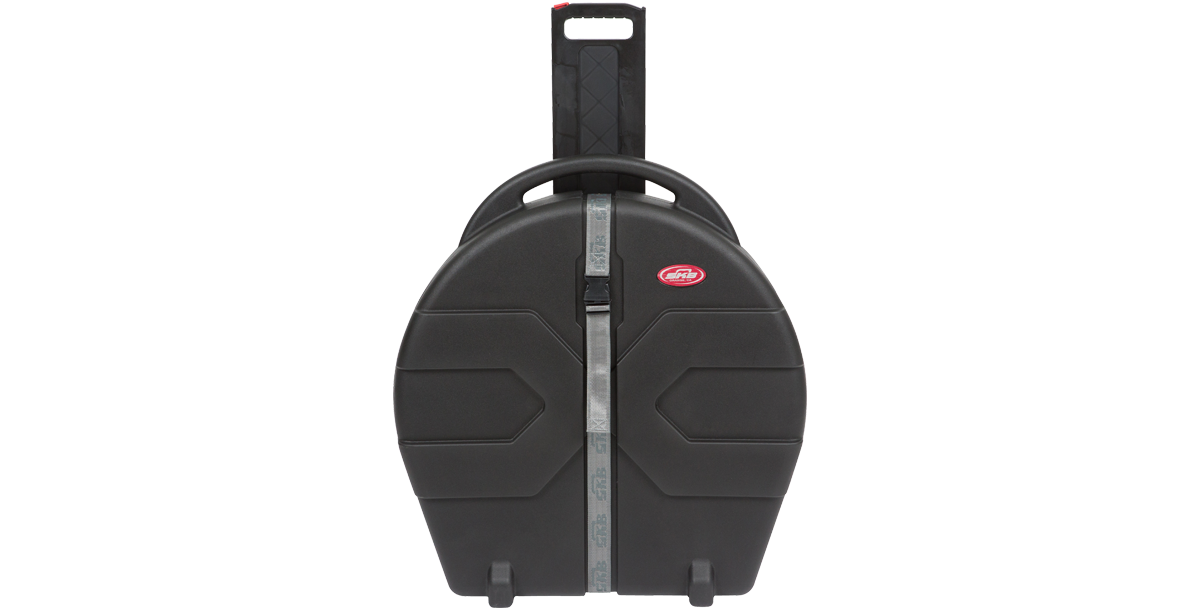 Rolling Cymbal Vault with pull handle extended, highlighting its ergonomic design and reinforced structure for cymbal protection.