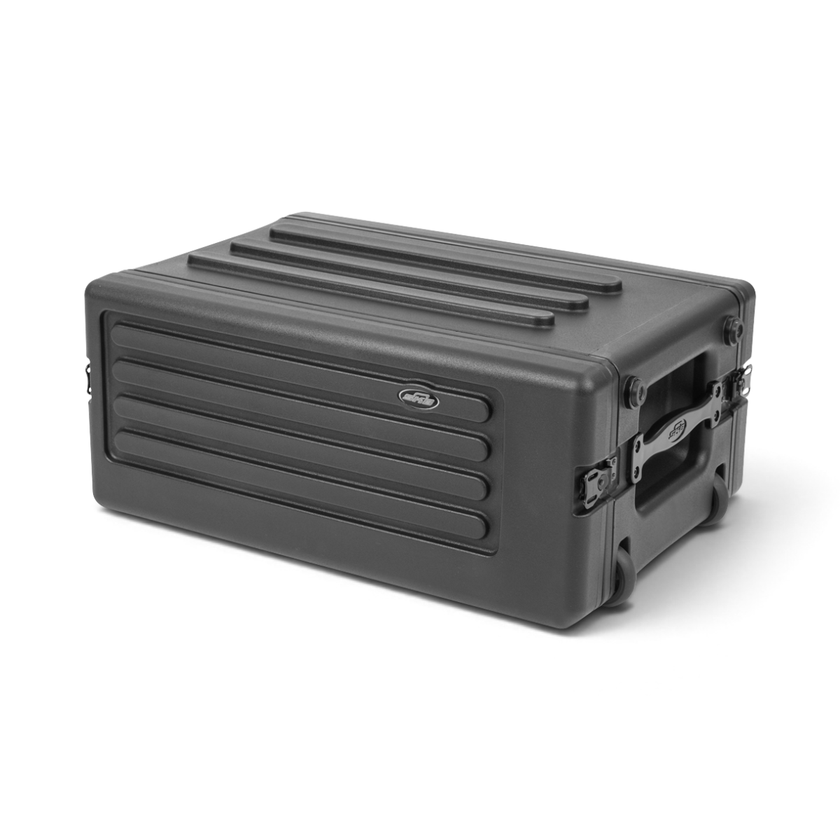 SKB Cases 4U rSeries shallow rolling rack in black roto-molded polyethylene with side wheels and recessed latches