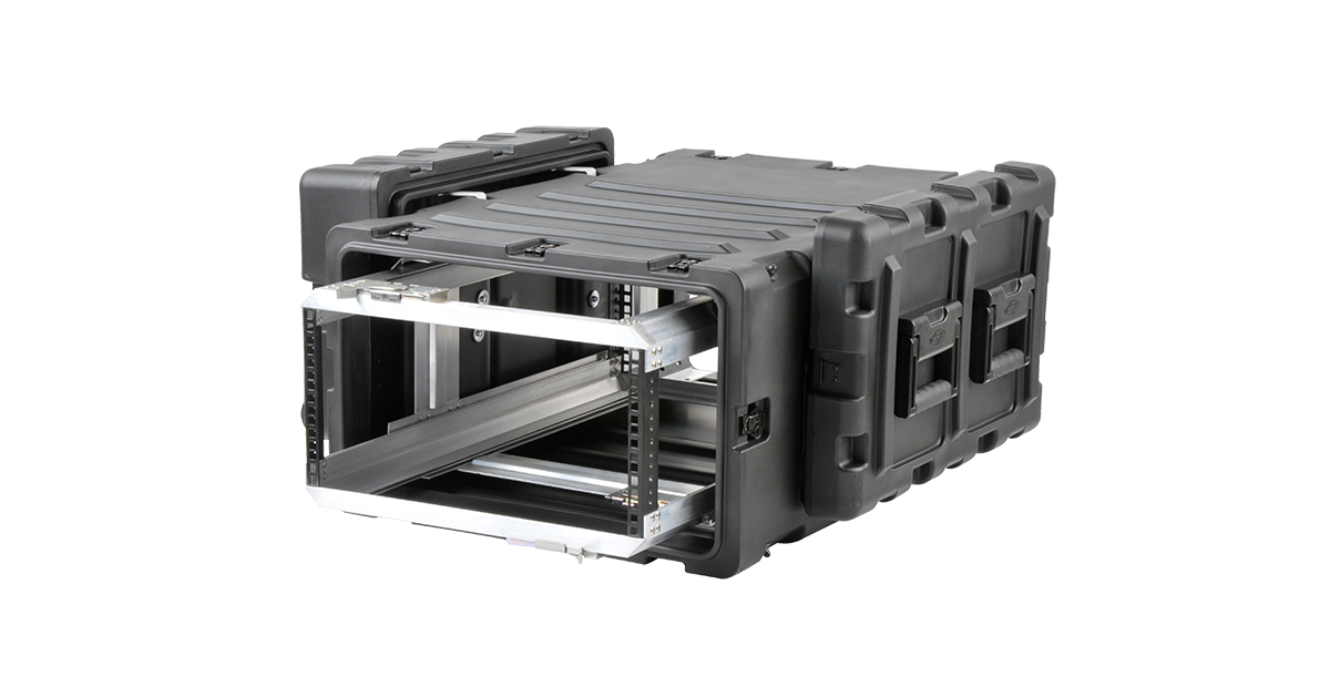 Rear angled view of 5U 30-inch rack case with reinforced structure and shockproof design for professional audio equipment.