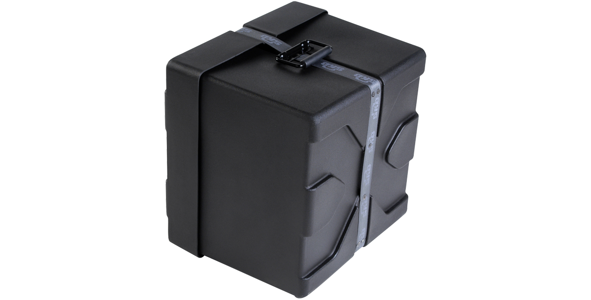 Side view of 11 x 13 Marching Snare Drum Case showing molded contours and secure strap for upright drum storage and transport.