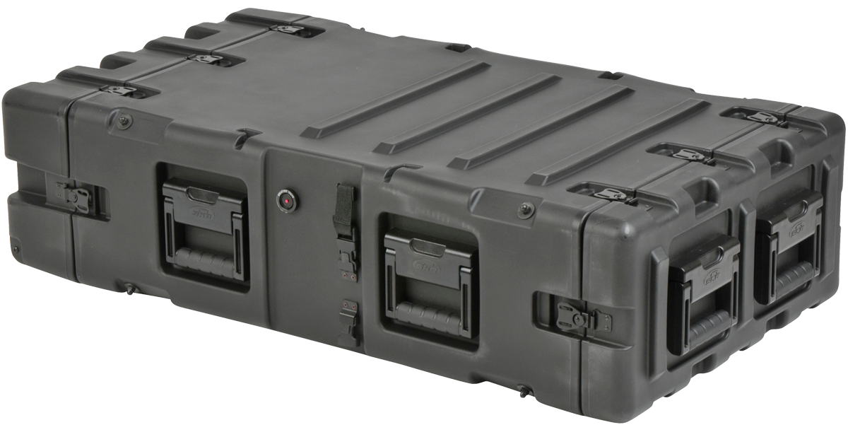 Angled view of 3U 30-inch Shock Rack Case by SKB showing rugged design and multiple handles for transport in pro audio or military use.