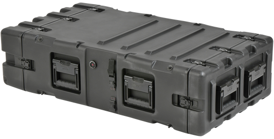 Angled view of 3U 30-inch Shock Rack Case by SKB showing rugged design and multiple handles for transport in pro audio or military use.