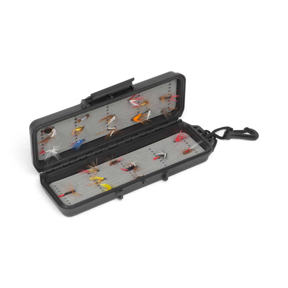 SKB Cases iSeries 0702-1 waterproof black fly fishing case with grey foam insert holding various colorful fishing flies