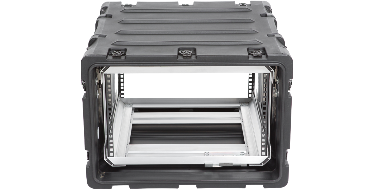 Direct front view of 6U RR Series Rack - 20-inch Deep Shock Rack with visible internal mounting rails for equipment installation.