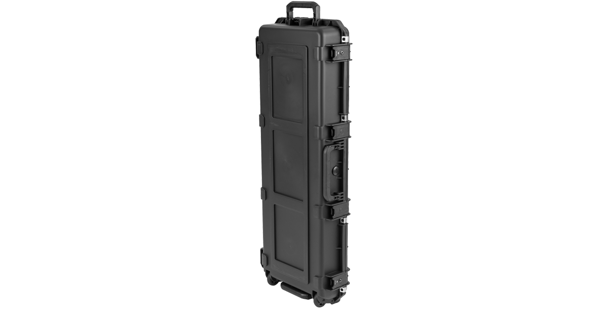 Vertical standing view of iSeries Waterproof PRS Guitar Case with wheels and handle, ideal for travel and storage.