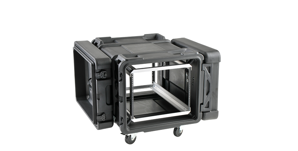 30-inch Shock Rack - 8U with Roto design, MIL-SPEC sealed and rigid frame, shown open with front and rear lid access for deep server storage.