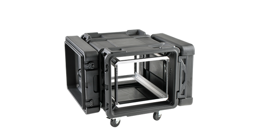 30-inch Shock Rack - 8U with Roto design, MIL-SPEC sealed and rigid frame, shown open with front and rear lid access for deep server storage.