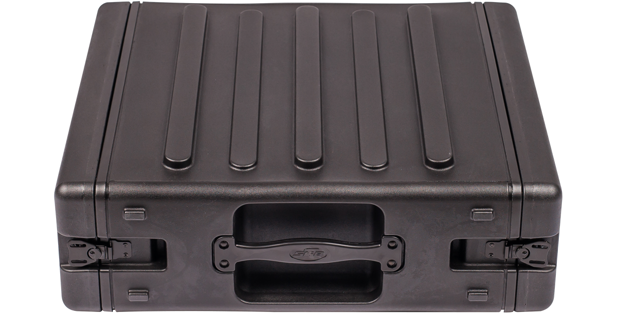 Front-facing view of 3U rSeries Rack - 3U rack case with built-in handle and secure latches, designed for durability and portability.