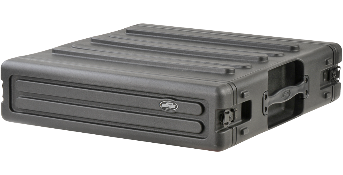 Angled rear view of 2U SKB Standard Roto Rack with interlocking feature, ideal for stacking and protecting audio gear in transit.