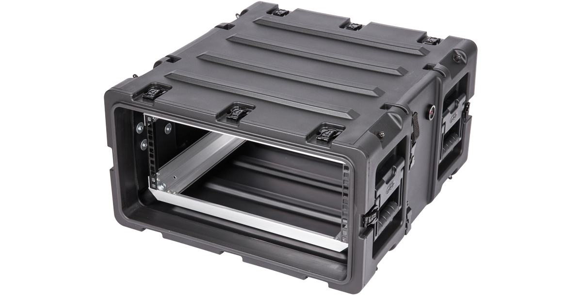 Angled view of 4U RS Series Shock Rack - 20 Inch Deep with reinforced corners and lightweight build for rugged pro-audio or electronic use.