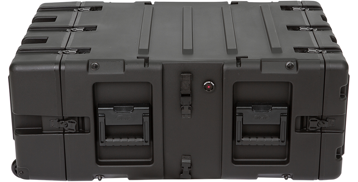 Top view of closed 5U 24-inch deep shock rack case. Heavy-duty latches and handles ensure secure and easy transport of electronics.