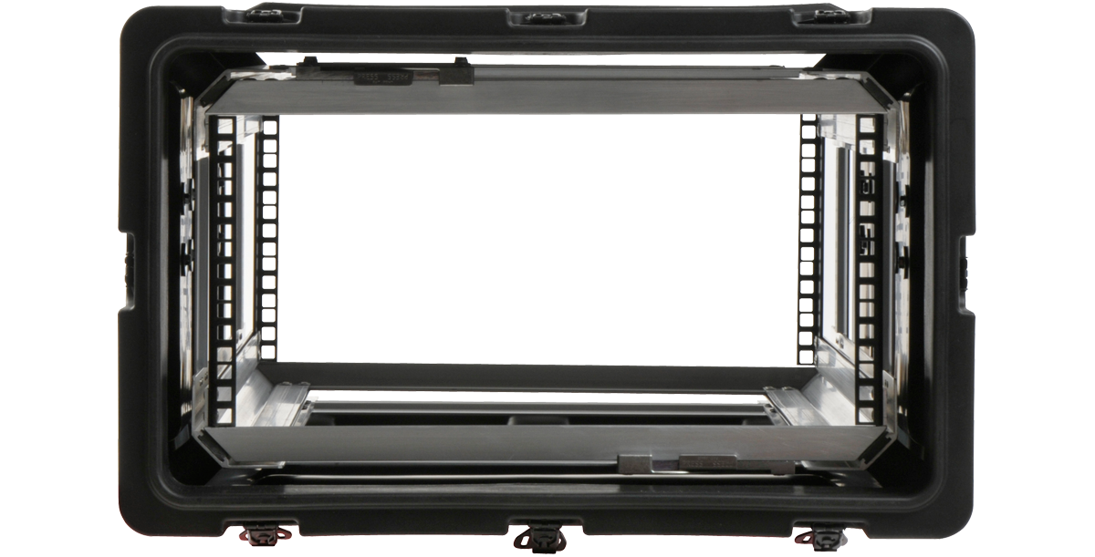 Interior view of 5U 30-inch rack showing mounting rails and shock-absorbing frame for secure equipment housing.