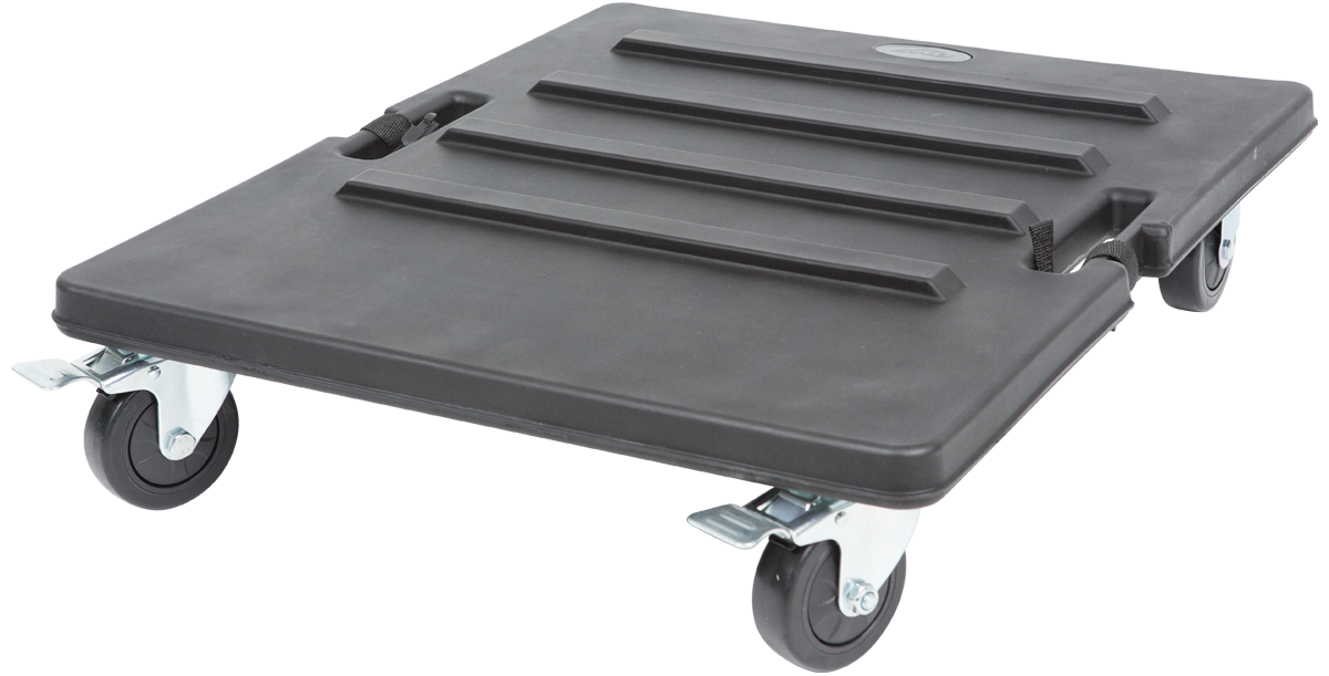 Shock rack caster platform with interlocking lugs and four locking wheels for stacking SKB rack cases securely.