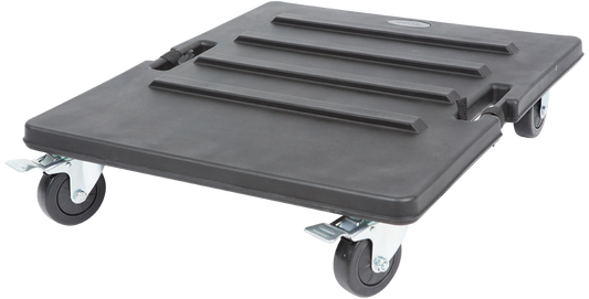 Shock rack caster platform with interlocking lugs and four locking wheels for stacking SKB rack cases securely.