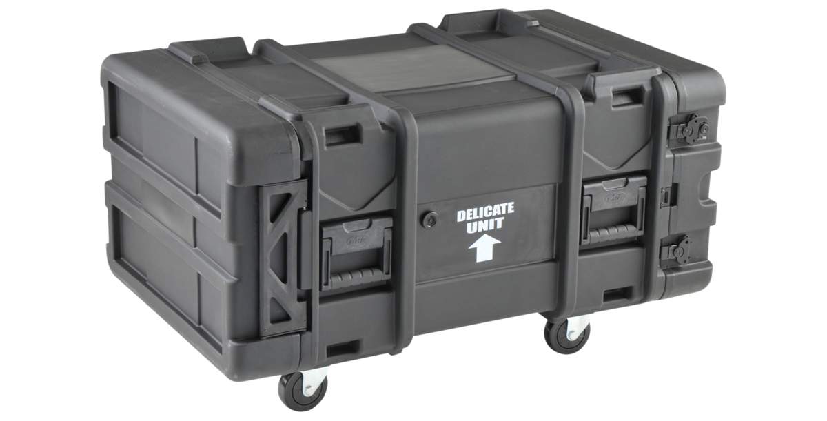 Heavy-duty 28-inch shock rack case with dual lid access and rugged exterior, ideal for rackmount server protection.