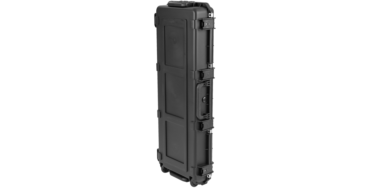 Vertical standing position of iSeries Strat Tele guitar case with reinforced edges and side handle for easy mobility.