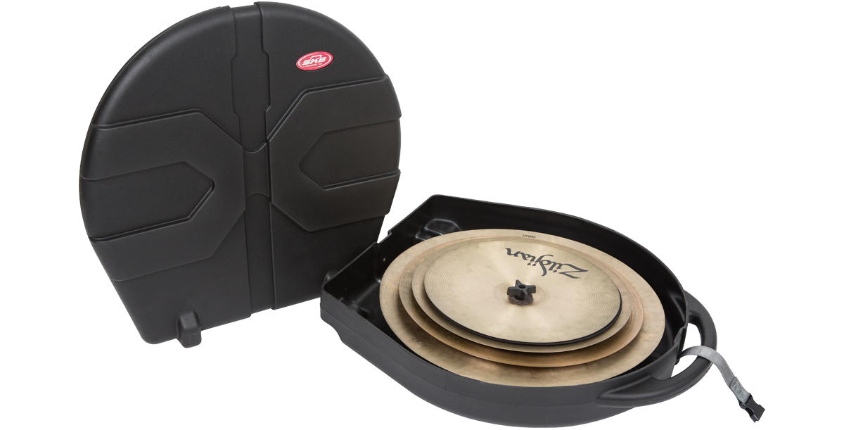 Open Rolling Cymbal Vault displaying stacked cymbals inside, showing interior padding and central post for secure storage.