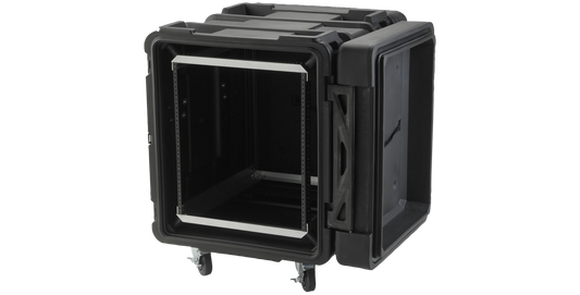 Angled open view of 24-inch Roto Shock Rack - 12U Deep rSeries, highlighting durable construction and easy-access rackmount interior.