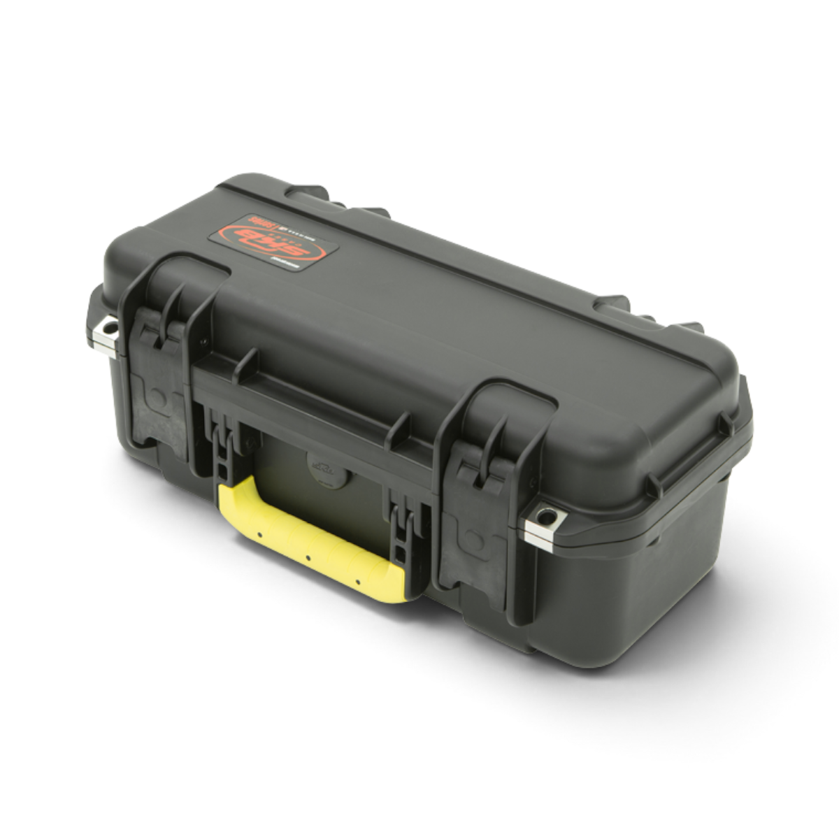 SKB Cases iSeries 1706-6 waterproof black lure case with a yellow handle and secure trigger latches.
